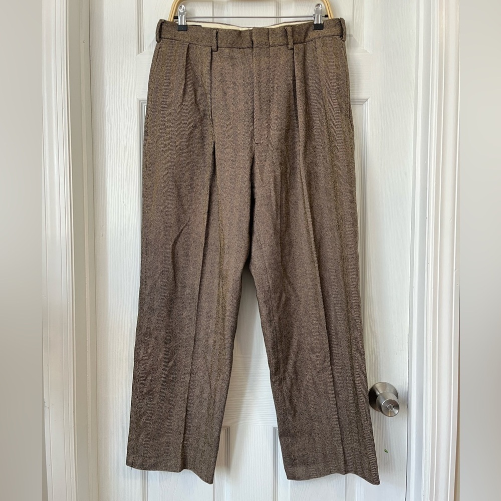 Polo Ralph Lauren Brown Herringbone Wool Pleated Pants 34